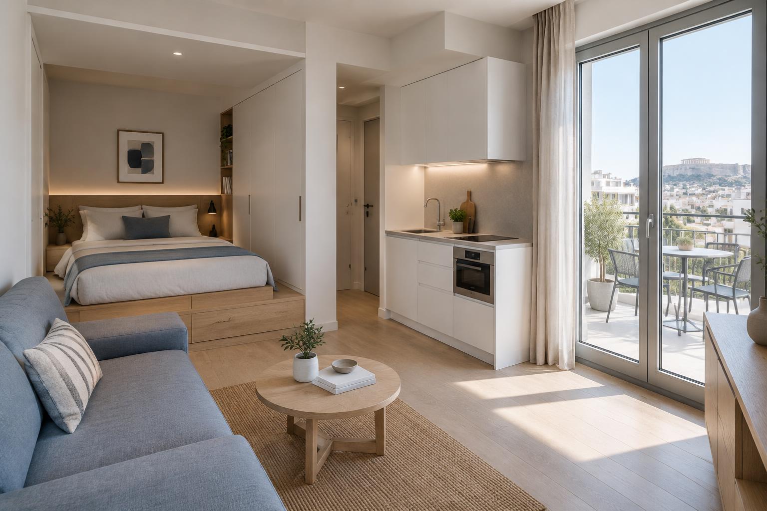 Minimal studio για βραχυχρόνια μίσθωση — ενδεικτική απεικόνιση